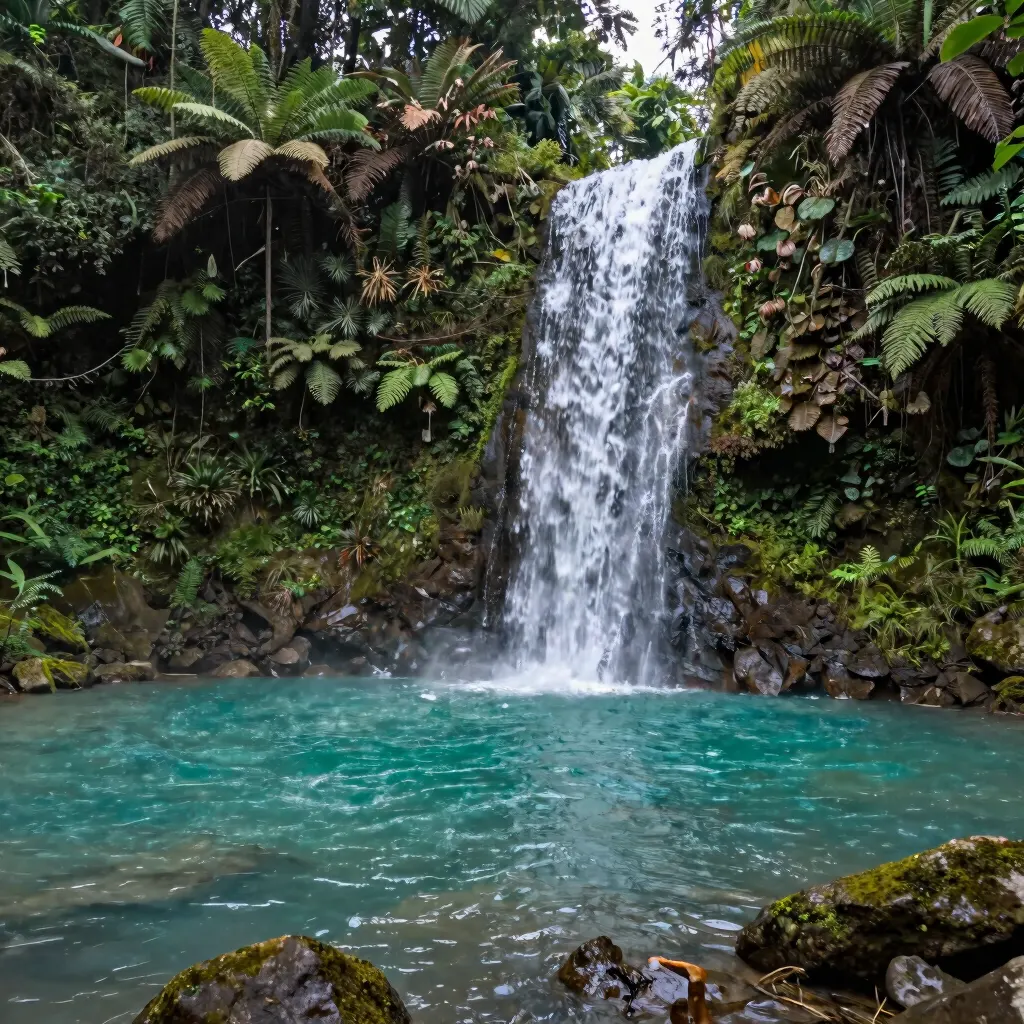 Cascada que cae sobre una poza turquesa en medio de la selva