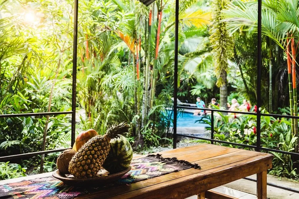 Mesa de madera del comedor abierto con vista al jardín tropical y a la piscina